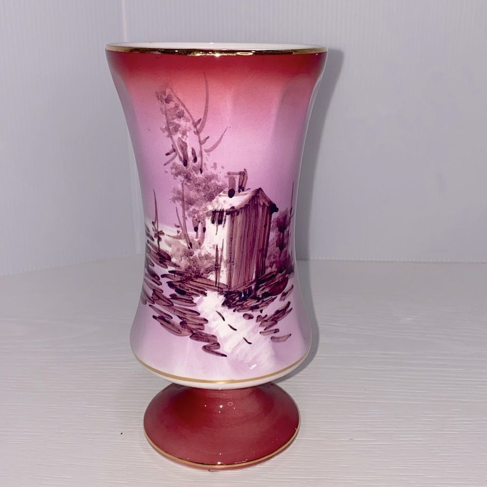 Vintage Hand Painted Porcelain Pink Pedestal Vase Gold Trim Made In Portugal